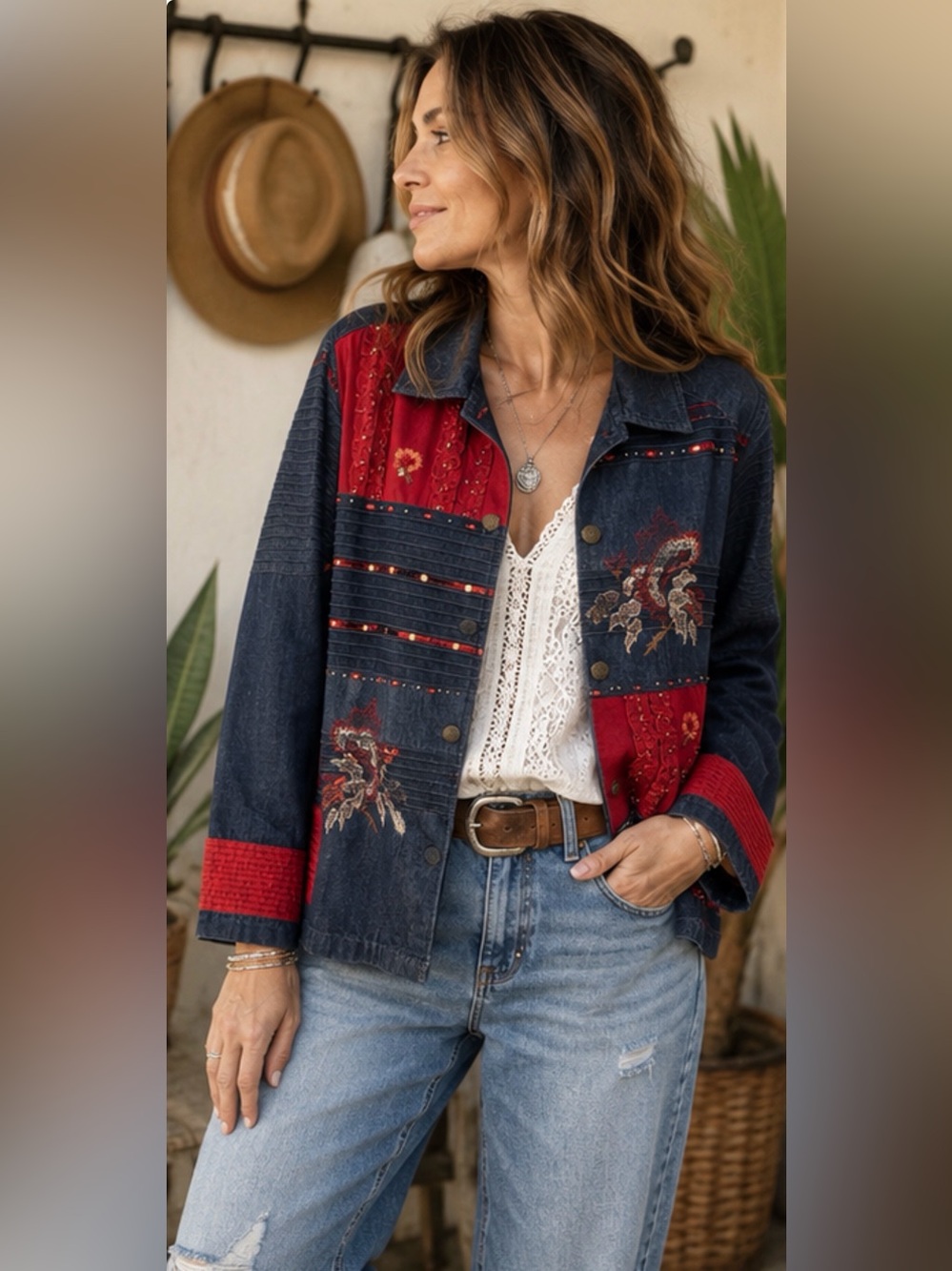 Indigo Moon 1X Embroidered Patchwork Denim Jacket Boho Western Art to Wear